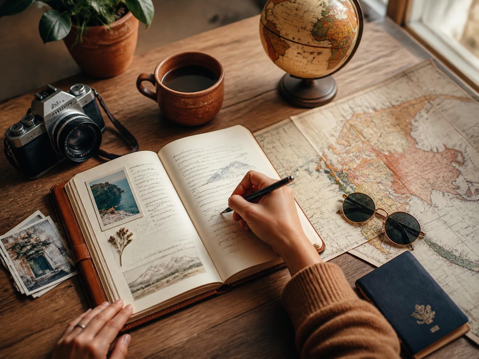 Hands writing in a travel journal over a vintage world map with a globe, camera, and coffee